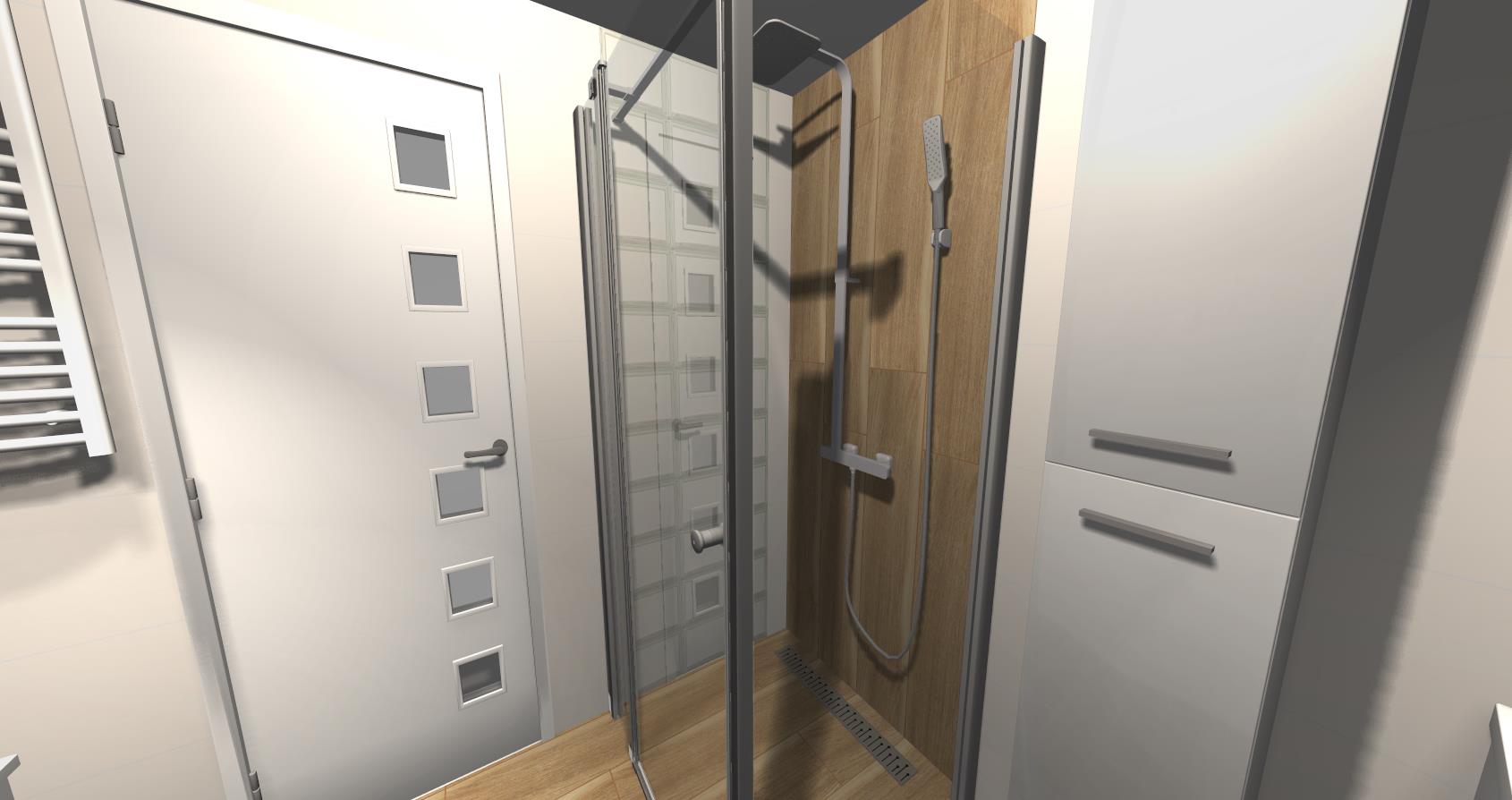 mała łazienka z oknem kabina prysznicowa i drzwi